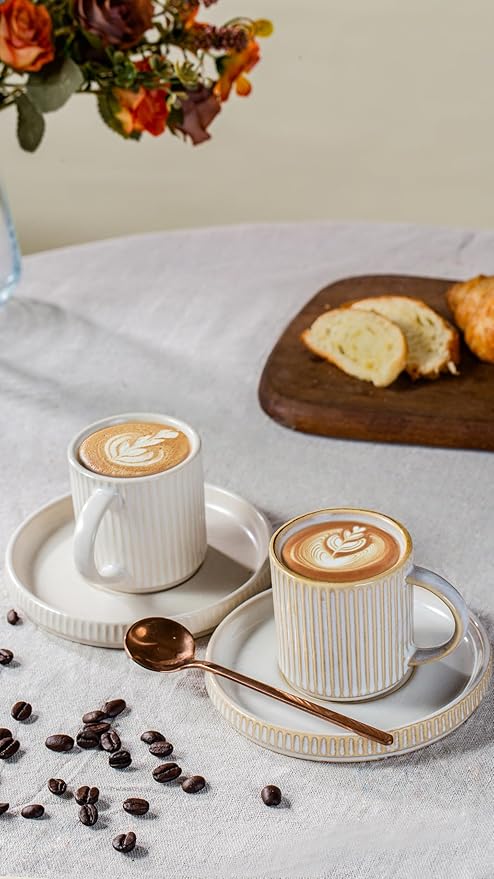 Famiware Star Dinnerware Set and Coffee Mugs Set Service for 4 (16 Pieces) - Stoneware Dinnerware Dishes Cappuccino White