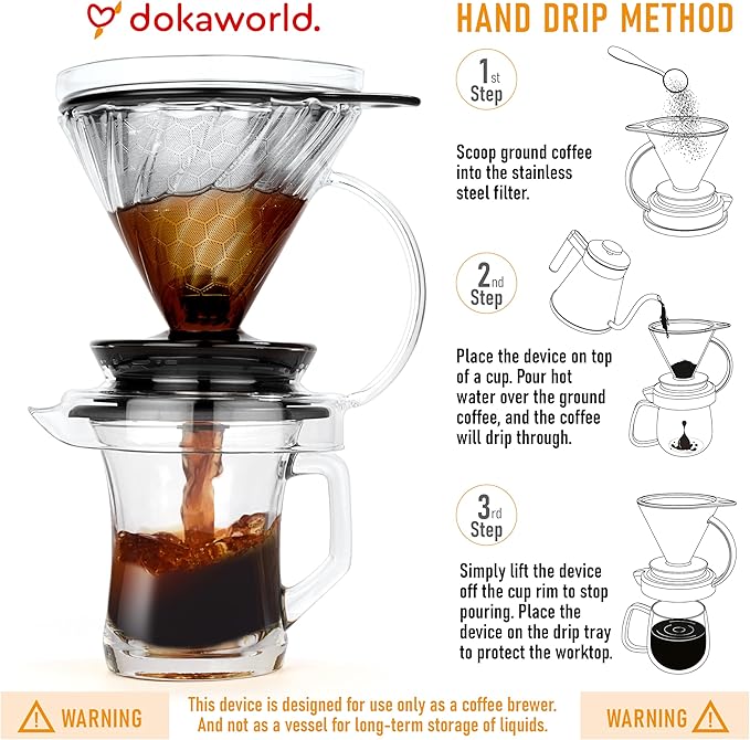 Pour Over Coffee Maker – Borosilicate Glass Dripper with Stainless Steel Reusable Filter Manual Eco Brewer Plastic-Free Non-Toxic Coffee Station Innovation Infuser for Daily Brewing