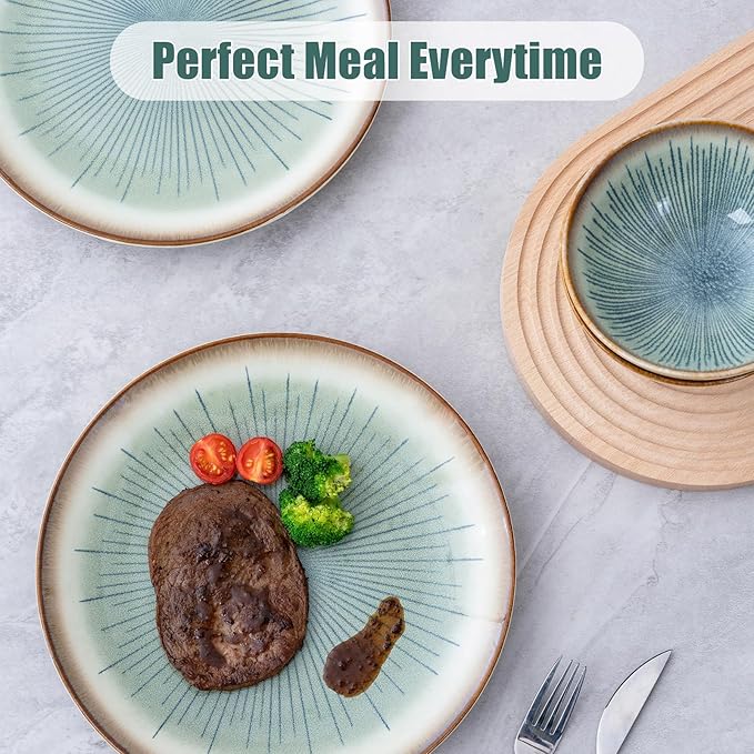Dinnerware Set Green Stoneware 16 Pieces Service for 4 Stoneware Plates and Bowls Set Highly Chip Dishwasher Microwave Safe Dishes set
