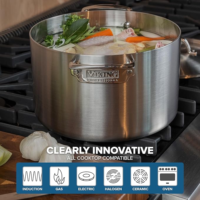 Viking 3-Ply Pots and Pans Set 13 Piece Stainless Steel Cookware Glass Lids Strainer Silver