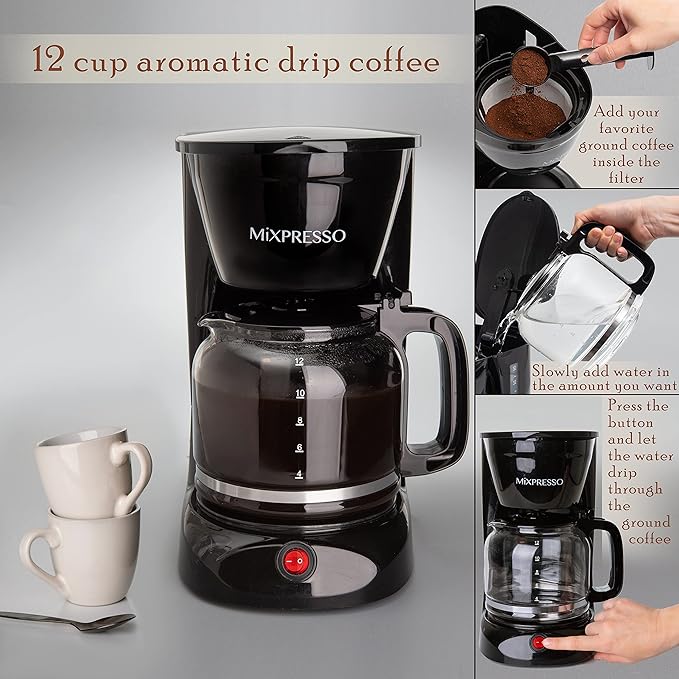 Mixpresso 12 Cup Coffee Pot Auto-Off &amp Reusable Filter Large Drip Coffee Maker Borosilicate Glass Carafe Anti-Drip Water Window Easy On/Off Switch Black Coffee Machine