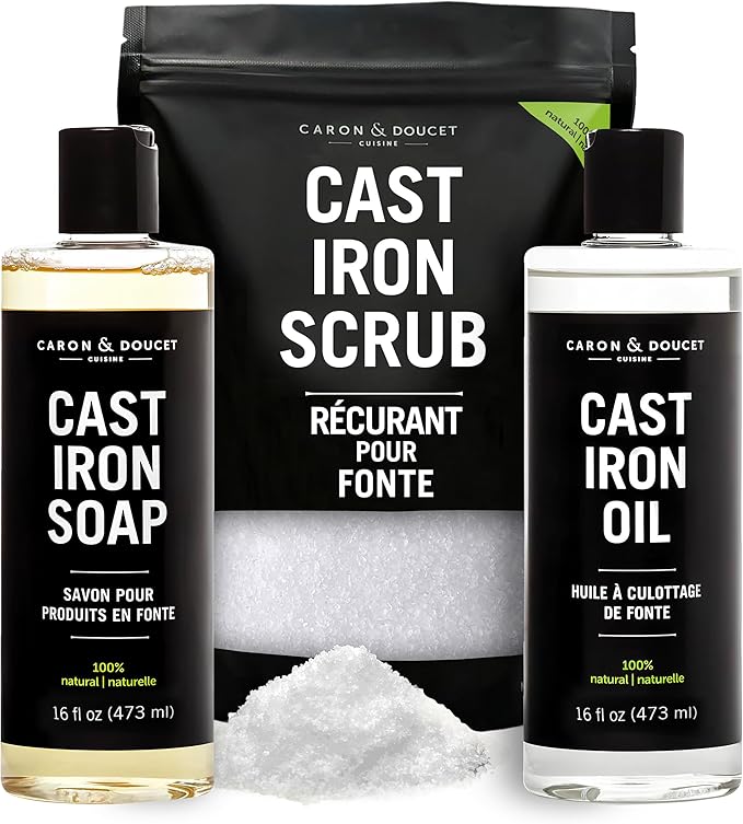 CARON &amp DOUCET – Ultimate Cast Iron Set PLUS: Seasoning Oil Cleaning Soap &amp Restoring Scrub | 100% Plant-Based &amp Best for Cleaning Care Washing Restoring &amp Seasoning Skillets Pans