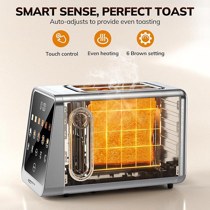 Keenstone Toaster 2 Slice Digital Smart Toaster with TouchScreen Dual Control Panel Single Slot Toasting Timer Reheat &amp Defrost for Bagels Bread Waffles Stainless Steel Kitchen Essentials