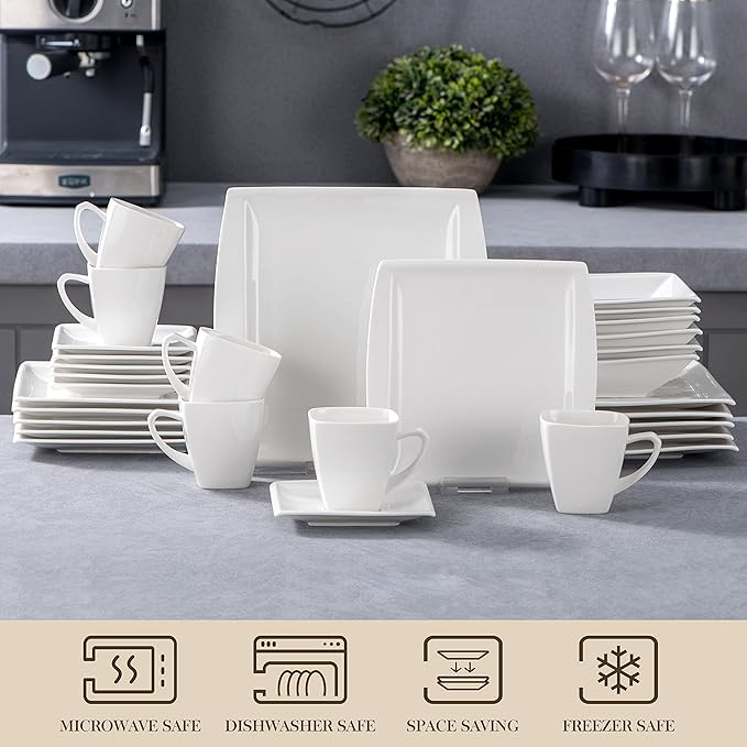 MALACASA Plates and Bowls Sets Square Dinnerware Sets for 6 (30pcs) Series Blance