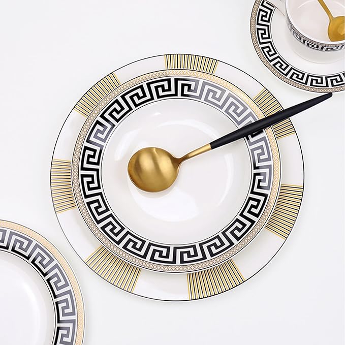 Bone China Dinnerware Set for 2 8 Pieces Premium Black Gold Striped Dinner Plate with Teacup and Saucer Luxury Plate Set for Brunch Wedding Housewarming and Special Occasions