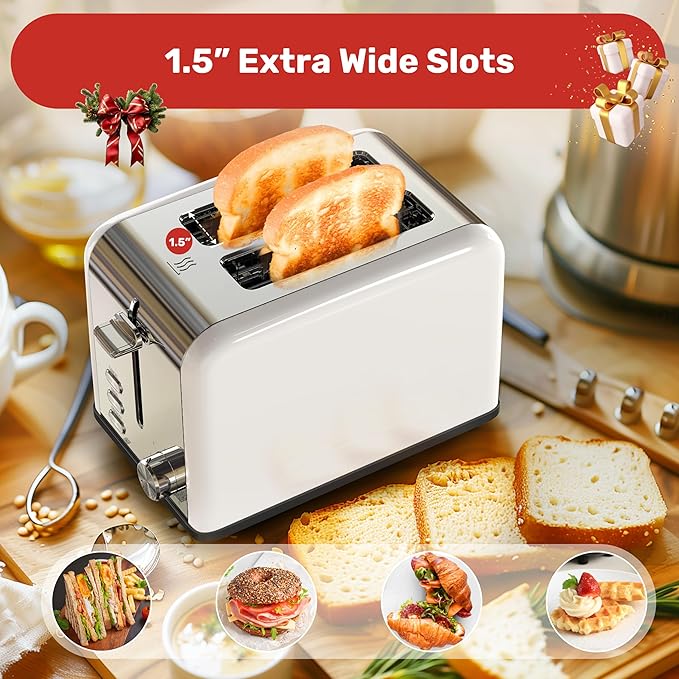 YSSOA Stainless Steel Toaster 2 Slice with Extra Wide Slot &amp Removable Crumb Tray 6 Shade Settings and Bagel/Defrost/Cancel Functions Compact Oven for Various Bread &amp Waffle White New