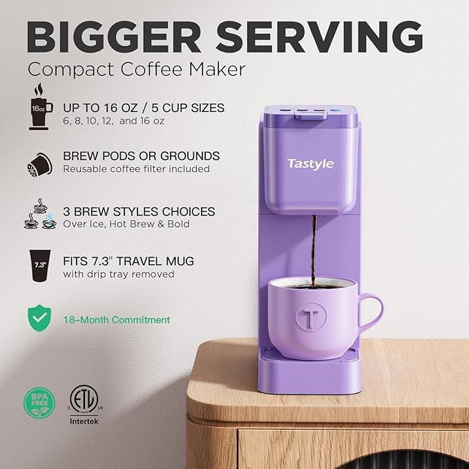 Single Serve Coffee Maker Hot and Iced with Bold Brew Small Coffee Machine for K Cup and Ground Fits 7.3'' Travel Mug Brews up to 16 Oz 5 Cup Sizes Compact for Office RV&amp Hotel Lavender