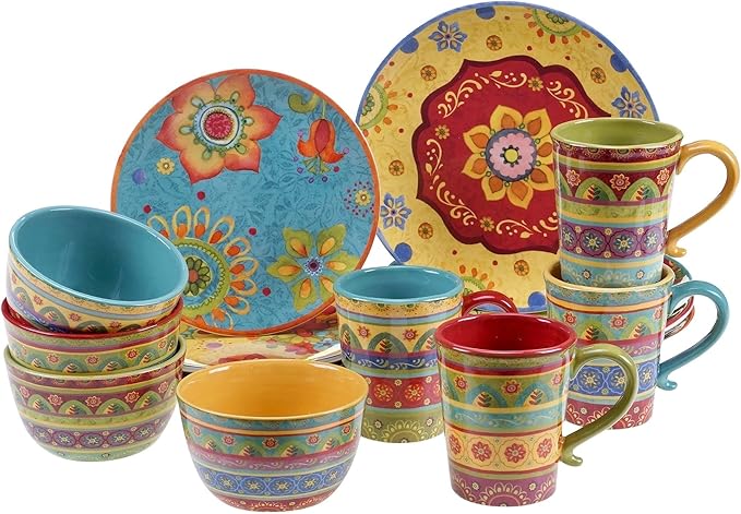 Unknown1 16-Piece Dinnerware Set Blue Red Yellow Stripe Casual Modern Contemporary Round 16 Piece Dishwasher Safe Microwave