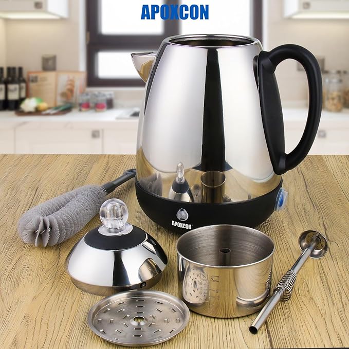 Electric Coffee Percolator Stainless Steel Coffee Maker with Clear Brew Progress Knob &amp Cleaning Brush Auto Keep Warm Cordless Serving elegant design Coffee pot with On/OFF Switch (10 Cup)