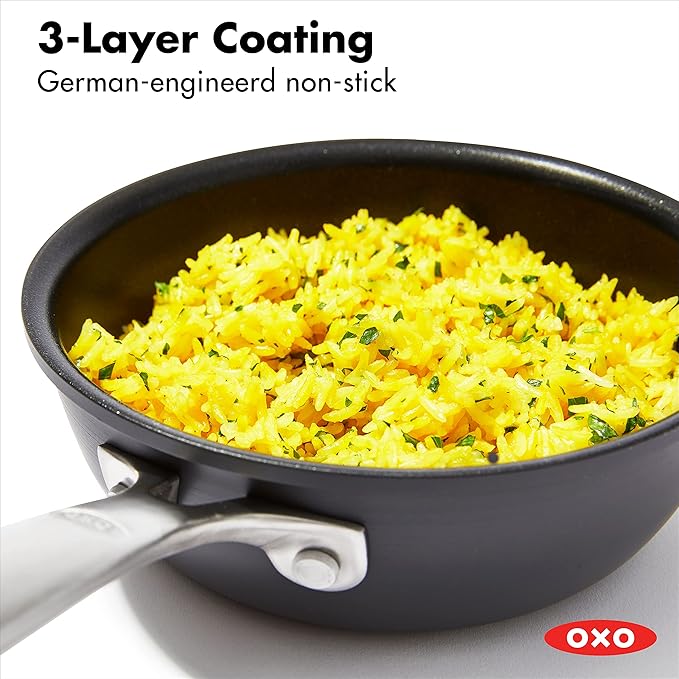 OXO Good Grips Pro 1QT and 2QT Saucepan Pot Set with Lids 3-Layered German Engineered Nonstick Coating Stainless Steel Handles Black