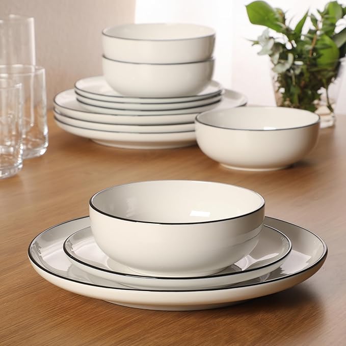 Gibson Home Havenstone 12-Piece Porcelain Dinnerware Set – Dinner Plates Salad Plates &amp Bowls Classic White With Black Rim Everyday Dish Set for Home Kitchen Microwave &amp Dishwasher Safe
