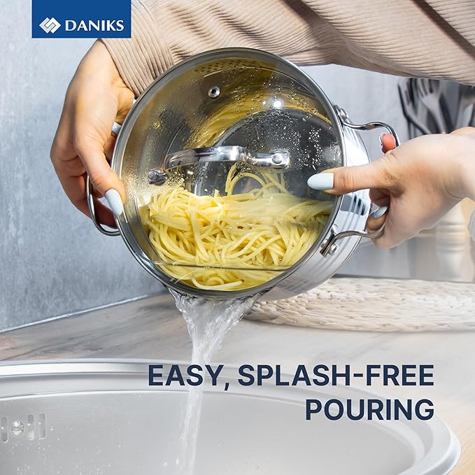 Daniks Tokio Stainless Steel Stock Pot 4.5 Quart with Glass Strainer Lid Induction Ready Dishwasher Safe Measuring Scale Silver