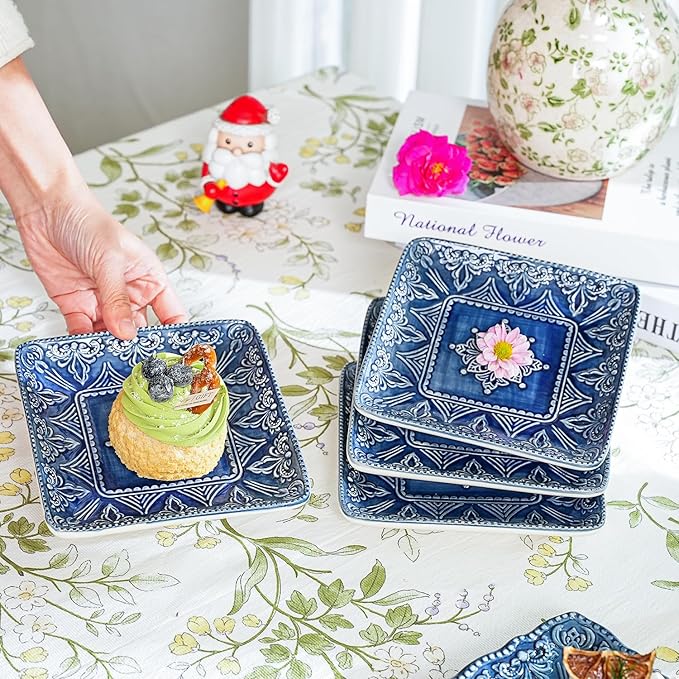 Sungmor Embossed Stoneware Fine Dining Dinnerware Antique Baroque Style Porcelain 6 Inch Square Appetizer Plates Set of 4 Sophisticated Ceramic Small Dinner Plates Serving Dish for Dessert Salad