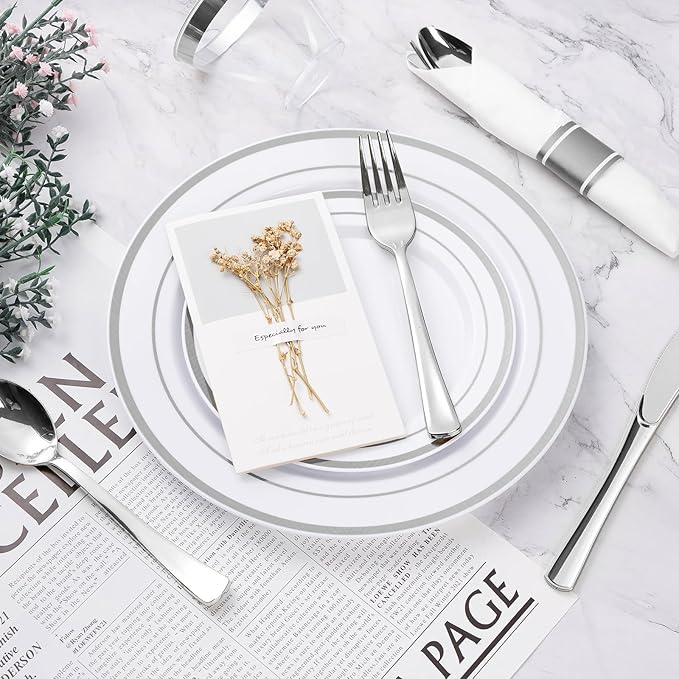 BESTVIP 350PCS Silver Plastic Dinnerware Set Disposable Party Plates for 50 Guests Include: 100 Plastic Plates 50 Pre Rolled Napkins with Silver Silverware 50 Cups