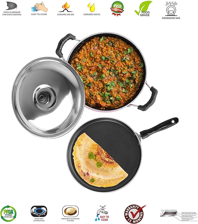 Sumeet Ruby Aluminium Dosa Tawa Kadhai With Lid 1.5 L 1 Dosa Tawa1 Kadhai With Lid (Red)