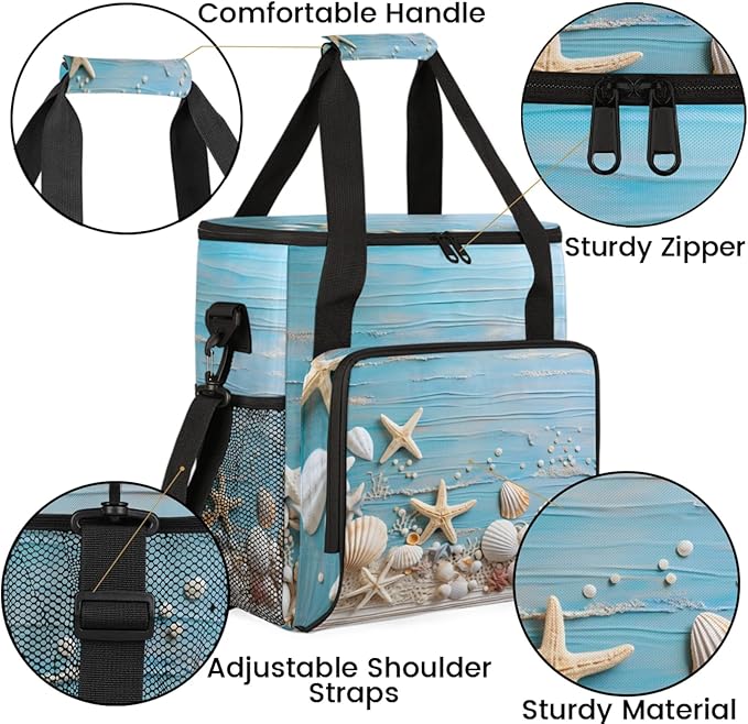 Beach Sea Shells Starfish Coffee Maker Travel Bag for Keurig K-Mini/K-Mini Plus Insulated Waterproof Tote with Pockets for K-Cup Portable Single-Serve Brewer Case