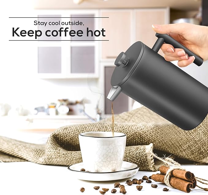 Utopia Kitchen 304 Grade Stainless Steel French Press Coffee Maker 17 Oz Double Wall Insulated Coffee Press with 4-Level Filtration system Include 2 Extra Filters Rust-Free Dishwasher Safe Black