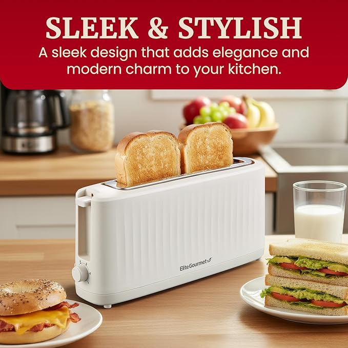 Elite Gourmet ECT2517C SLIMTOAST™ 2-Slice Long Slot Toaster Cool-touch Body 6 Toast Settings &amp Cancel Function Extra Wide 1.5” Slot Easily Fits Breads English Muffins Bagels &amp Waffles C