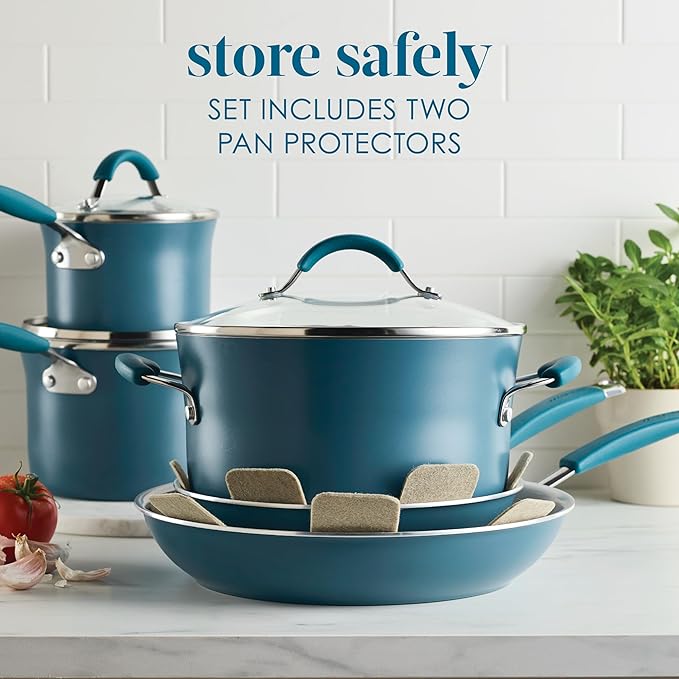 Rachael Ray Cucina Ceramic Nonstick Pots and Pans Set with Saucepans Frying Pans Stockpot Lids and Pan Protectors 10 Piece Non Stick Cookware Set Dishwasher Safe - Marine Blue