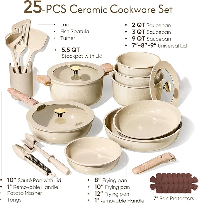 CAROTE 25PCS Ceramic Cookware Set Pots and Pans set Non Stick RV Kitchen Cooking Set Removable Handles Oven Safe Induction Cookware Non-toxic Kitchen Cooking Set PFAS and PFOA Free