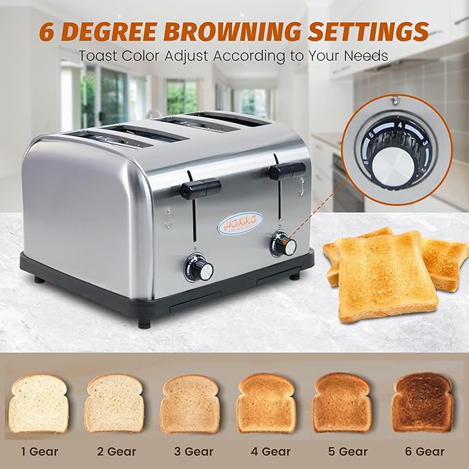 Hakka Toaster 4 Slice Heavy-Duty Stainless Steel Toasters Commercial Toaster with Extra Wide Slots Auto Pop-up &amp Removable Crumb Tray 1800W/110V