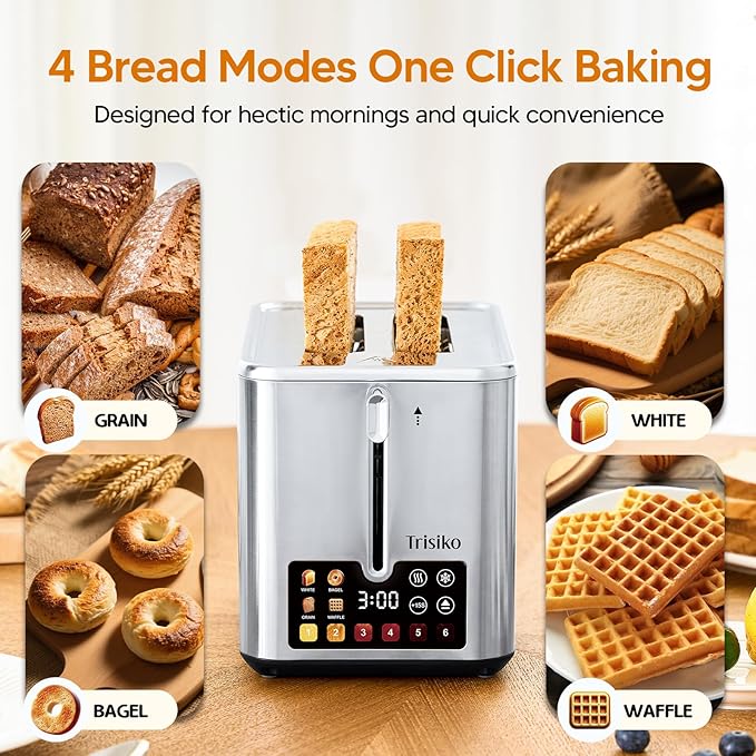 Trisiko® Touch Screen Toaster 2 Slice Stainless Steel Smart Toaster with Digital Timer 1.38 Extra-Wide Slots for Bread&amp Bagelwith Reheat Defrost Cancel +15s Boost Great for Home OfficeDo