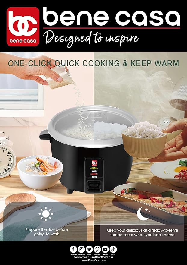 Bene Casa Rice Cooker Black Cook 2-12 Cups of Cooked Rice And Food Steamer