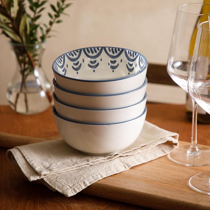 Bloomhouse - 2-Time Oprah’s Favorite Things - Valencia Flor 4 Piece 6” Cereal Bowl Set Stoneware Bowls Mediterranean Floral Decal Design Microwave &amp Dishwasher Safe Iris Blue
