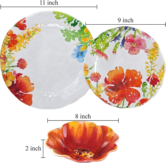 UPware 12 Piece Floral Melamine Dinnerware Sets Outdoor Dishes Set Plates and Bowls Sets Service for 4 Multicolor