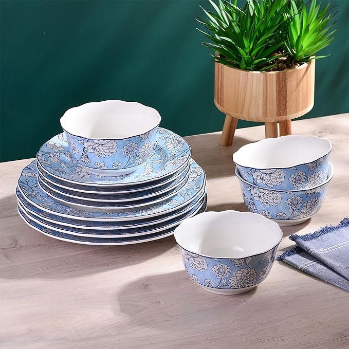 222 Fifth 12-Piece Porcelain Dinnerware Set for 4 White &amp Light Blue Plates and Bowls Set Glossy Ceramic Dish Set with Ornate Floral Design Kitchen Tableware Microwave &amp Dishwasher Safe C