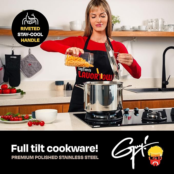 Guy Fieri's Flavortown 8-Quart Stainless Steel Stock Pot with Tempered Glass Lid - Kitchen Cookware with Tri-Ply Base Oven &amp Dishwasher Safe Compatible with Induction Gas &amp Electric Stoveto