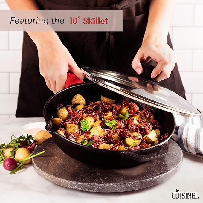Cuisinel Cast Iron Cookware Set - 6-Pieces Pre-Seasoned Kit: 10+12 Skillet + Glass Lids + Pizza Pan + Pan Rack Organizer + Silicone Handle Covers + Scraper/Cleaner - Grill Camping Indoor/Outdoor