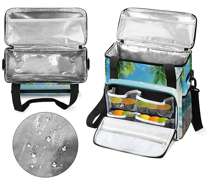 Palm Tree Coastal Beach Travel Coffee Maker Carrying Bag Large Organizer Storage Tote Bag Insulated Reusable Cooler Grocery Bags