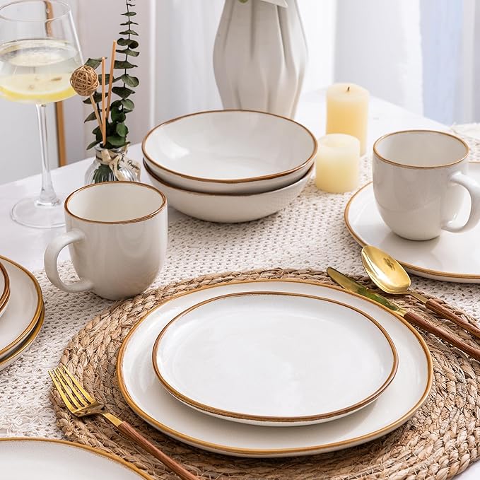AmorArc 18 PCS Ceramic Dinnerware SetsHandmade Reactive Glaze Plates and Bowls SetsHighly Chip and Crack Resistant | Dishwasher &amp Microwave Safe Dishes Set Service for 4