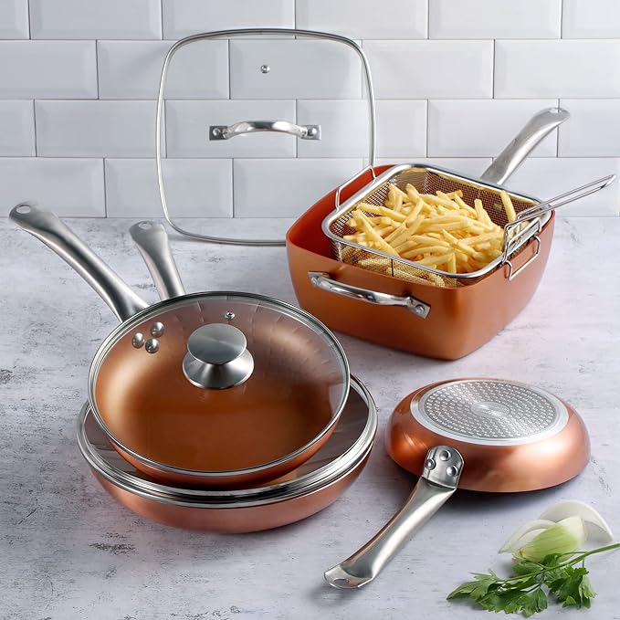 San Ignacio Optimum Cooper-Set of 5 Pieces: 3 Frying Pans 2 Lids-Copper Effect-20/24/28 cm - Non-Stick without PFOA-Induction and Gas Pressed Aluminium
