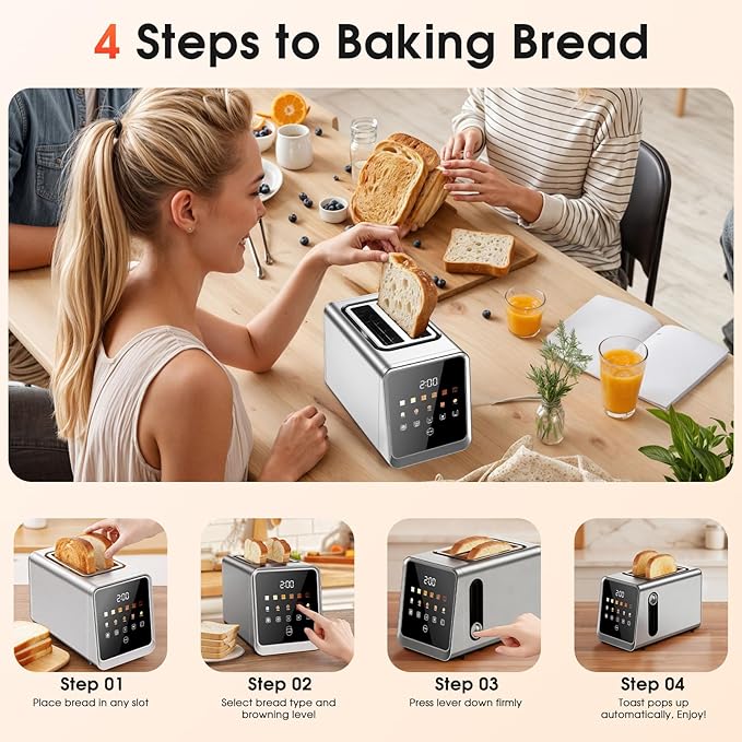 Toaster 2 Slice with Touchscreen 1.5 Wide Slots &amp Memory Recall | 900W Stainless Steel Smart Digital Toasters | 6 Shade Settings for Bagels &amp Thick Bread | Defrost Reheat Single-Slice Mode