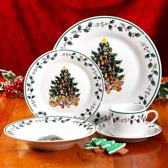 Unknown1 Cozy Christmas Tree Fine Ceramic 20 Piece Decorated Dinnerware Set White Holiday Casual Round Microwave Safe