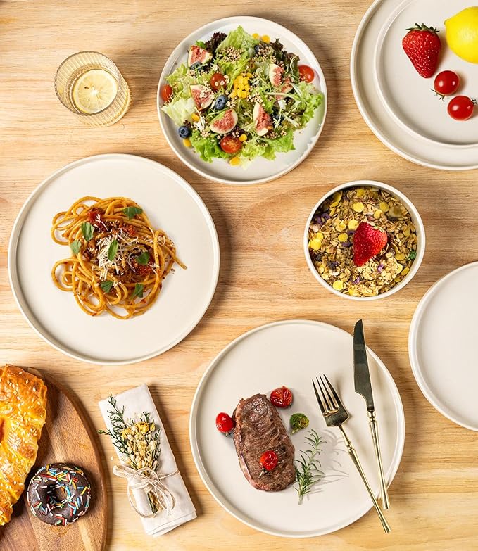 TheTerra Ceramic Dinnerware Sets for 8 24 Pieces Handmade Reactive Glaze Plates and Bowls Set Scratch Resistant Dish Set Oven &amp Microwave &amp Dishwasher Safe Matte White