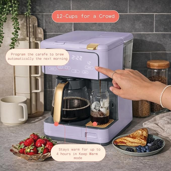 Multi Brew Coffee Maker with Single Serve and Carafe Brewing Options for Countertop Home Use (Lavender)