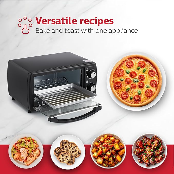 Holstein Housewares 4 Slice Countertop Toaster Oven with 60 Minute Timer Includes Pan and Wire Rack Perfect for Baking Broiling and Toasting Compact Design in Sleek Black for Convenient Kitchen Use