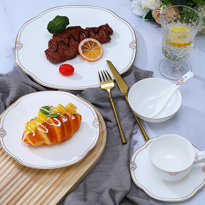 24 Piece Porcelain Dinnerware Set Scalloped Bone china Plates and Bowls Sets for 4 With Double Gold Rim Highly Chip and Crack Resistant | Dishwasher Safe Dishes Set (White &amp Double Gold Rim)