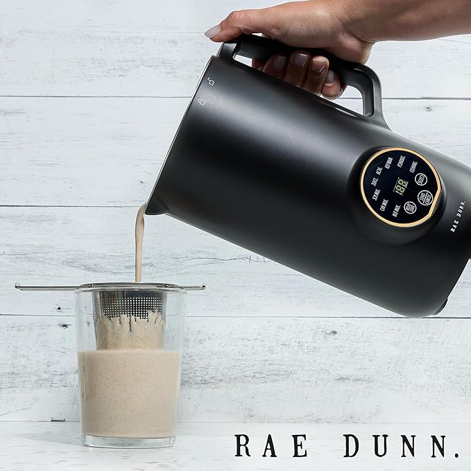 Rae Dunn 8-in-1 Nut &amp Plant Milk Maker – Almond Oat Soy &amp More – 800ml Cold / 700ml Hot – Automatic Delay Start Self-Clean – Includes Stirrer Measuring Cup &amp Brush Black