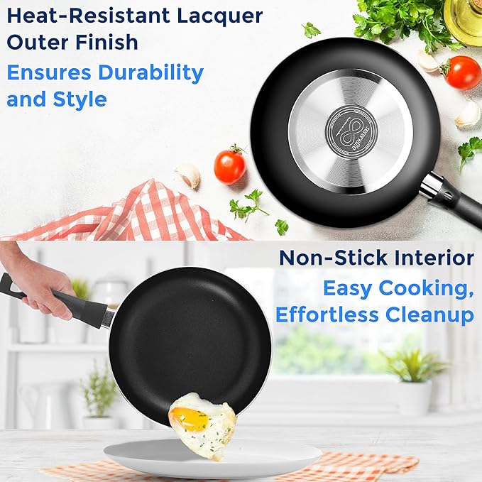 SereneLife Kitchenware Pots &amp Pans Basic Kitchen Cookware Black Non-Stick Coating Inside Heat Resistant Lacquer (15-Piece Set) One Size