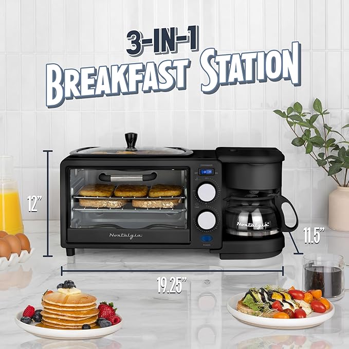 Nostalgia 3-in-1 Retro Breakfast Station - Includes 5 Cup Coffee Maker Non-Stick Ceramic Griddle and 4-Slice Toaster Oven - Built-In Timer Reusable Coffee Filter Space-Saving Design - Black