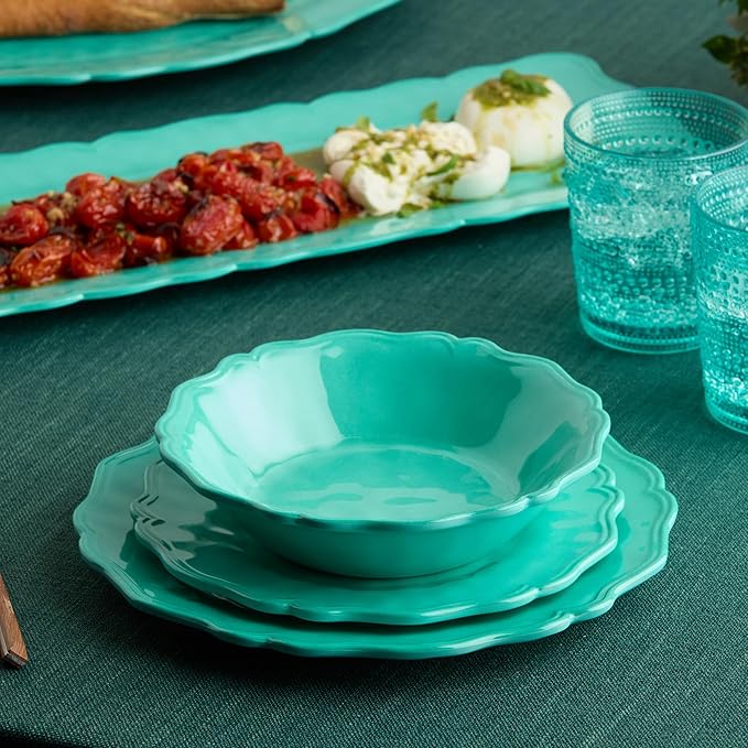 Isabella Teal 12-Piece Melamine Dinnerware Set for 4 – Vibrant Crackle Glaze Plates &amp Bowls with Scalloped Edges Durable Lightweight Dishwasher Safe for Everyday and Outdoor Dining