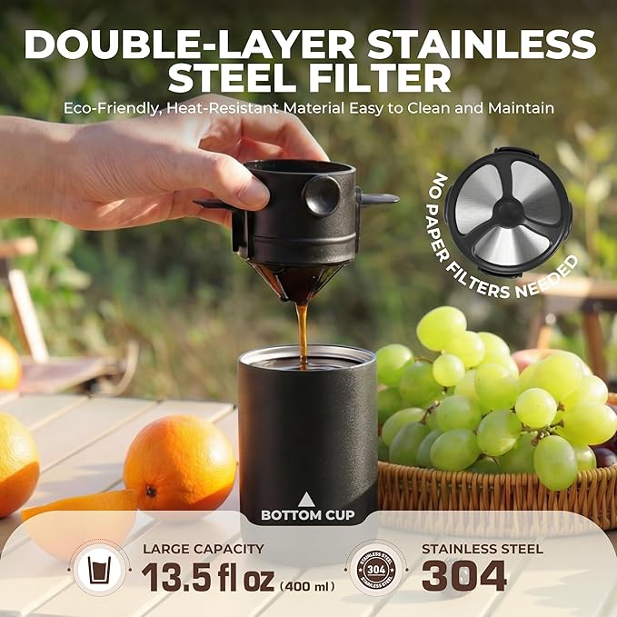 HAUSHOF Portable Coffee Maker Travel Coffee Maker Battery Operated Small Pour Over Set Compact Coffee Maker with Electric Grinder &amp Insulated Mug for Travel Camping Car