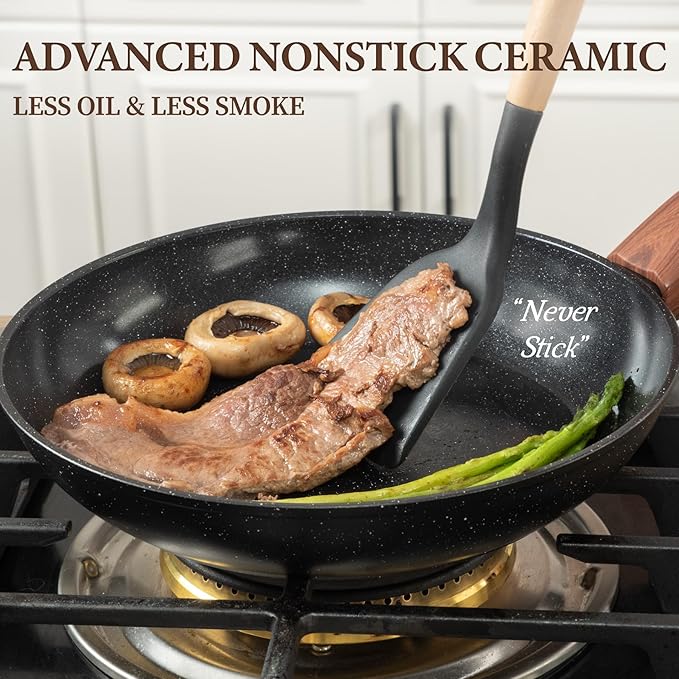 26Pcs Pots and Pans Nonstick Ceramic Cookware Set Nontoxic Kitchen Cooking Set with Steamers Utensils Induction Compatible PFAS/PFOA Free Oven and Dishwasher Safe Black