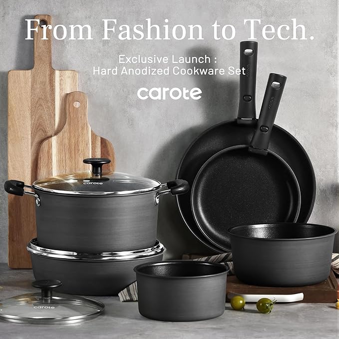 CAROTE 20pcs 4-Ply Premium Hard Anodized Pots and Pans Set Non Stick with Detachable Handle Dishwasher/Oven Safe RV Kitchen Cookware Set Nonstick Induction Cookware Large Capacity Pans and Pot Set