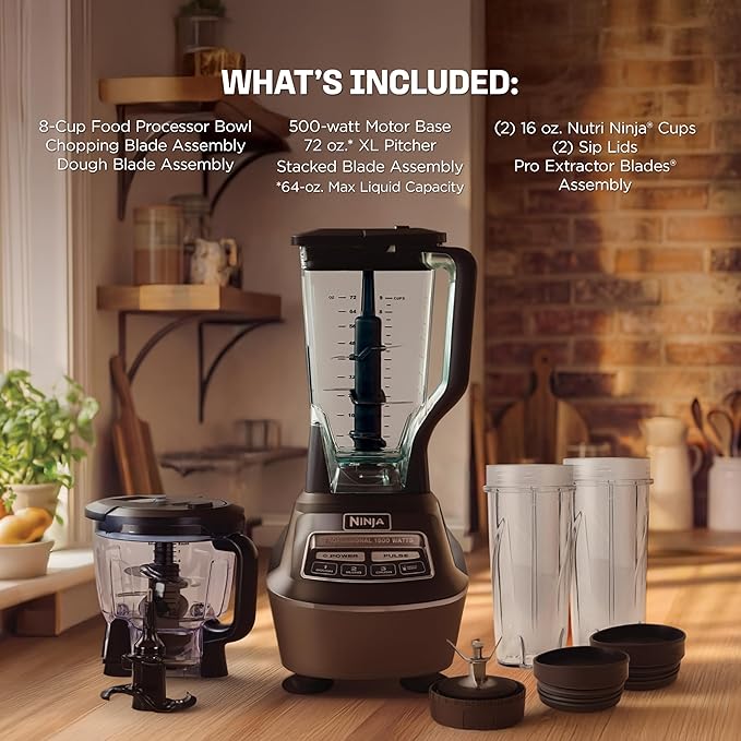 Ninja Kitchen System | All-in-One Food Processor &amp Blender for Smoothies | Includes Pitcher (2) 16 oz. To-Go Cups &amp 8-Cup Bowl | Makes Salsa Dough Shakes &amp Frozen Drinks | 1500W | Blac
