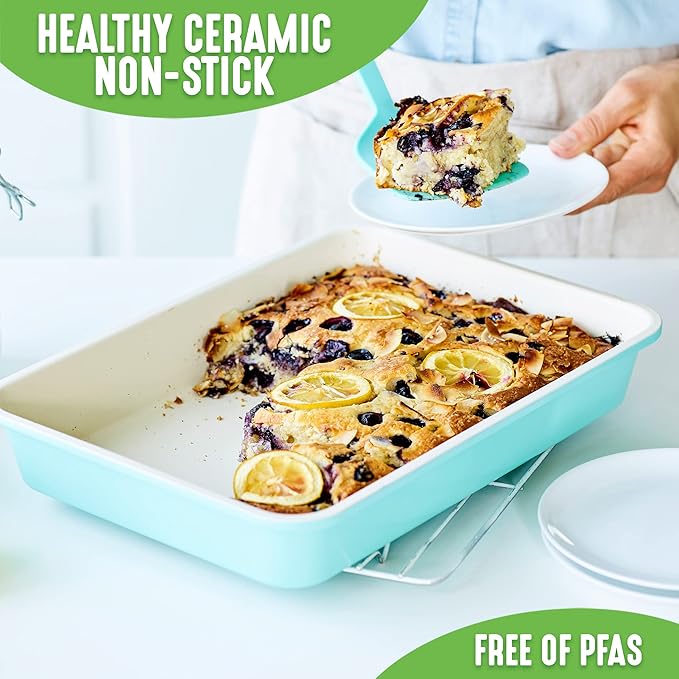 GreenLife Bakeware Healthy Ceramic Nonstick 4 Piece Toaster Oven Baking Set with Cookie Sheet Muffin and Cake Pan PFAS-Free Turquoise